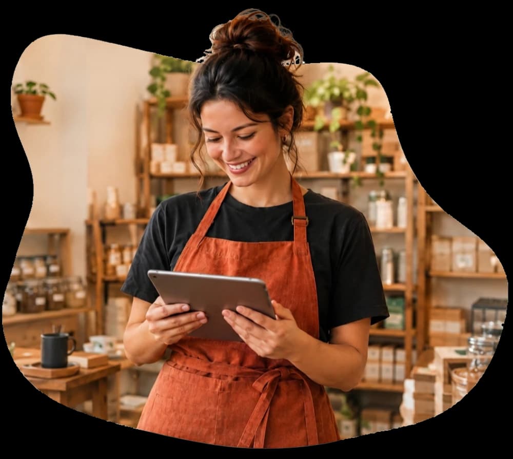 Lojista sorrindo enquanto registra uma venda no tablet